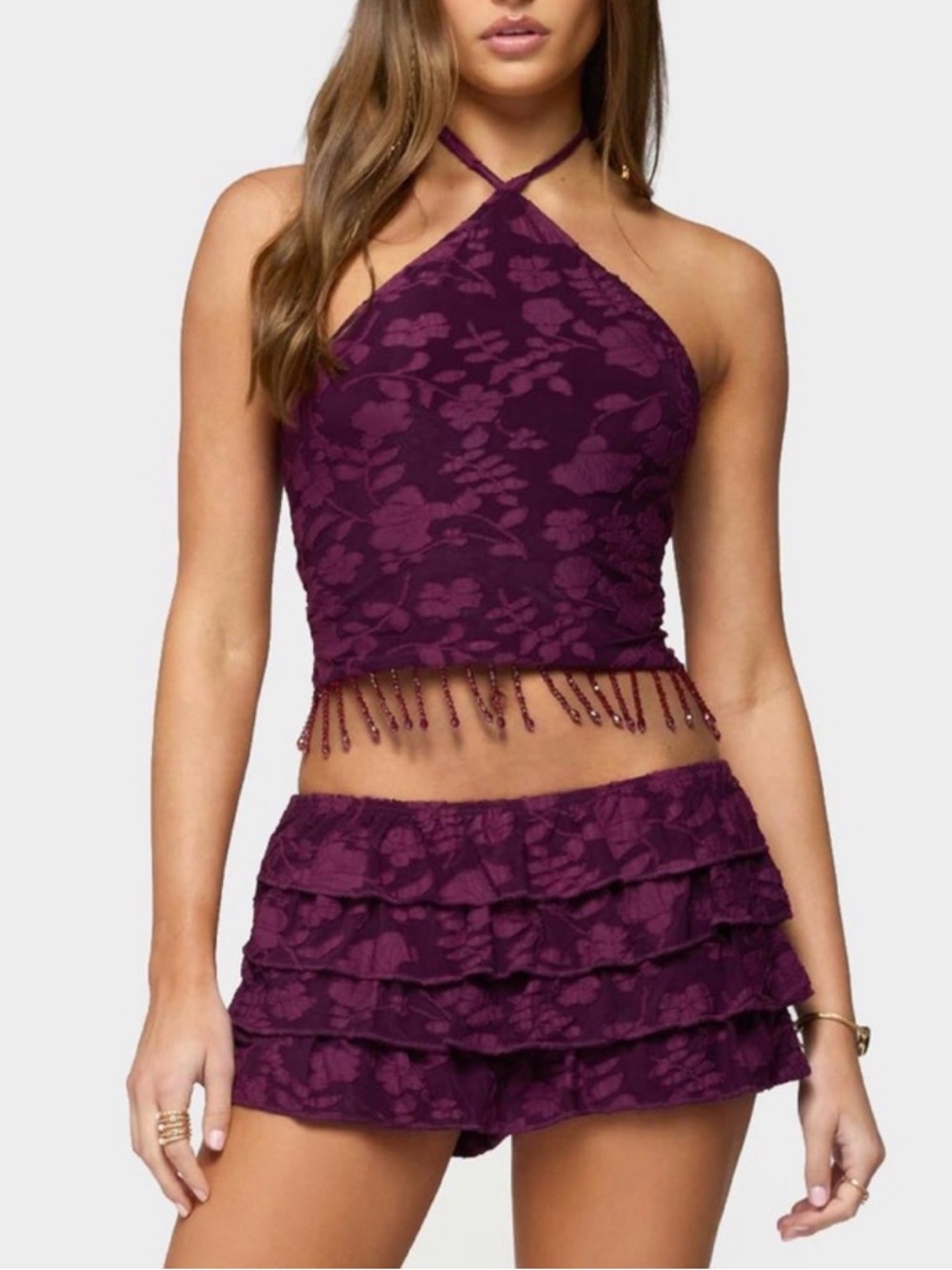 EDIKTED Plum Floral Halter Crop Top & Ruffled Mini Skirt Set